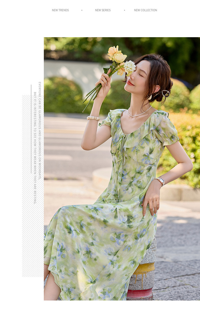 Đầm maxi nữ họa tiết hoa nhí cổ V tay ngắn thắt eo — Lá xanh hoa lan chi tiết 14