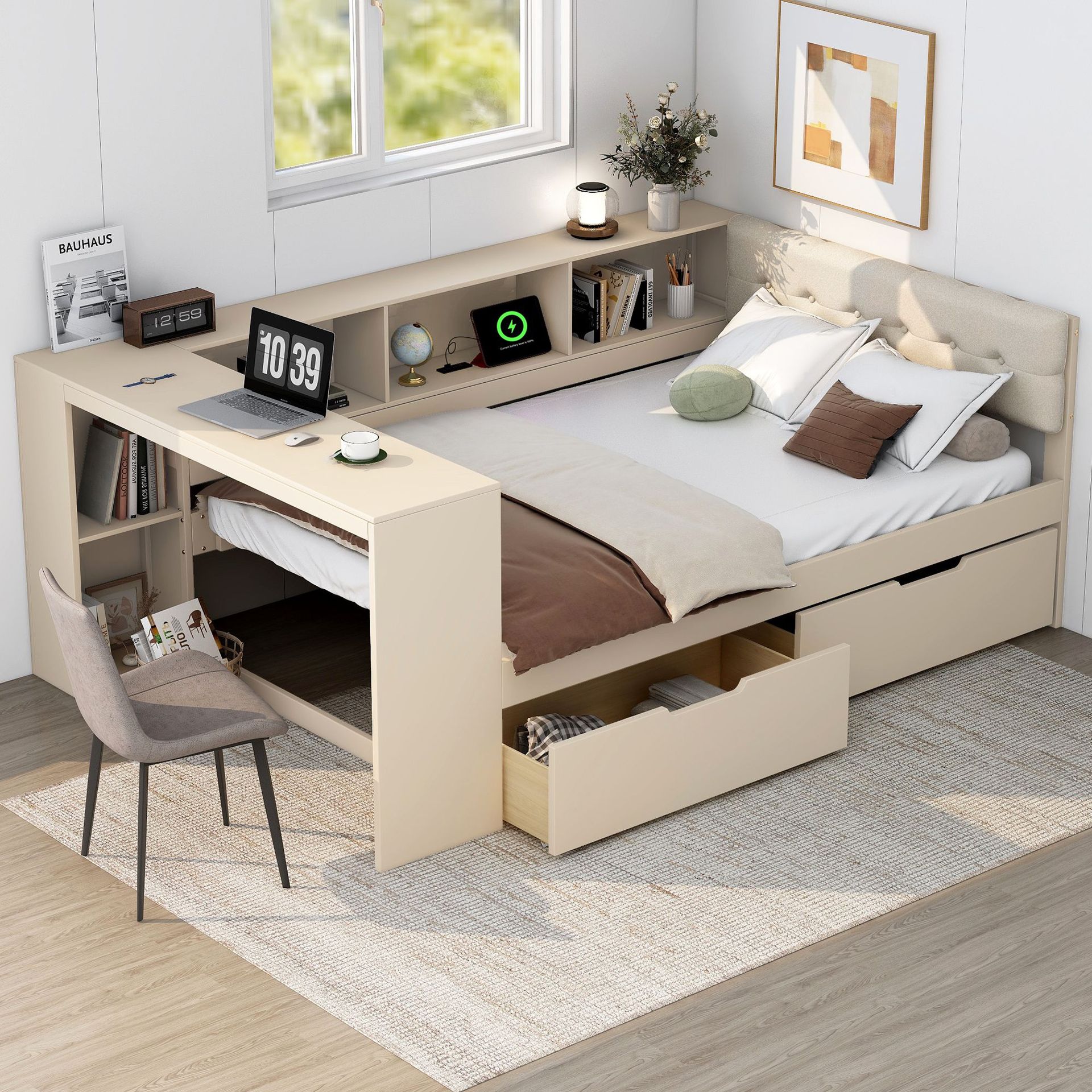 Cross-Border Export Bed and Desk Integrated with Bookshelf Storage Drawer Space-Saving Bedroom Bed Factory Direct Sale