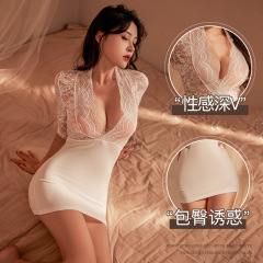 Plus size sexy lingerie, sexy European and American deep V, shiny patent leather uniform, tempting secretary skirt, hip-covering skirt