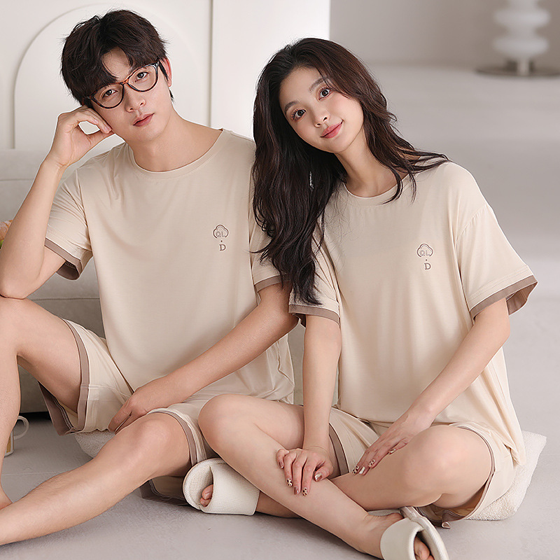 Pajamas de pareja de algodón modales de verano de mangas cortas delgadas 2025 nuevo cuello redondo casual ropa de casa de verano para hombres y mujeres