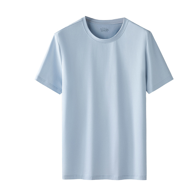 Nueva camiseta fresca de algodón mercerizado de primavera y verano para hombres, pijamas finos de color sólido, cuello redondo transpirable, top de manga corta