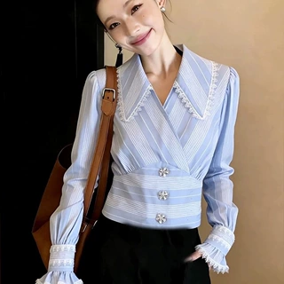 韩系洋气显瘦宽松条纹衬衫2026春季新款休闲蕾丝花边显白减龄上衣