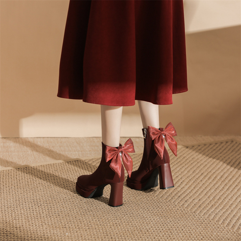 8077-L58 Chinese Xiuhe Wedding Boots Red High Heels Thick Heel Short Boots Women's New Autumn and Winter Boots Bow