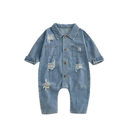 Baby and Toddler Spring Fashion Trendy Denim One-Piece Outfit for Boys and Girls, Long-Sleeve Frayed Hoodie Climbing Suit for Outdoor Wear