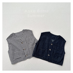 Children's cardigan plaid denim waistcoat spring and summer new style thin Japanese-style cotton linen fashionable waistcoat 