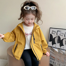 女童纯色连帽外套2025年秋季新款韩国洋气冲锋衣网红童装一件代发