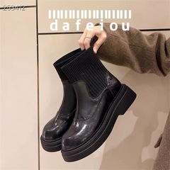 好品质马丁靴女2025新款秋冬加绒针织口袜短靴英伦软底单靴瘦瘦靴
