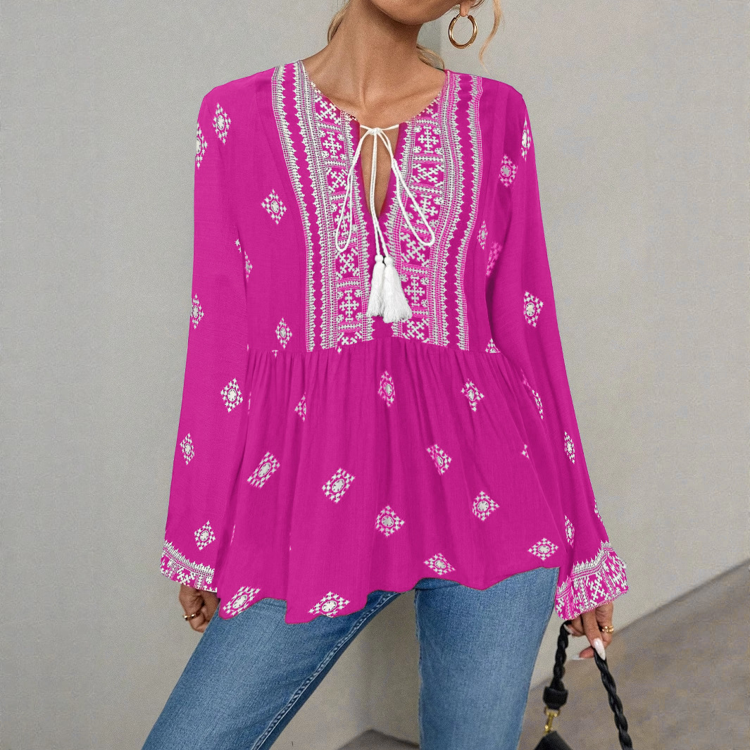 Chemise K New Retro à col semi-ouvert, lacets et manches lanternes amples_voghion.com