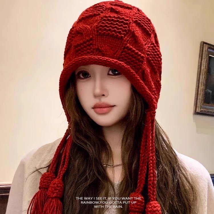新年红色帽子女秋冬保暖毛线流苏套头帽手工针织护耳帽日系ins|undefined