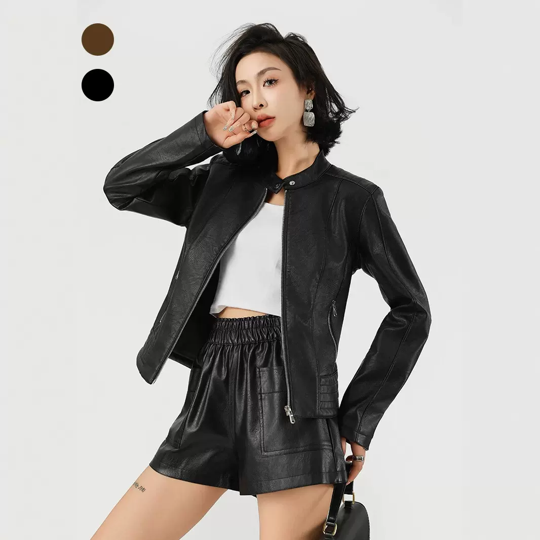 女式皮衣机车风皮外套皮夹克2024亚马逊欧美跨境皮衣女秋冬定制