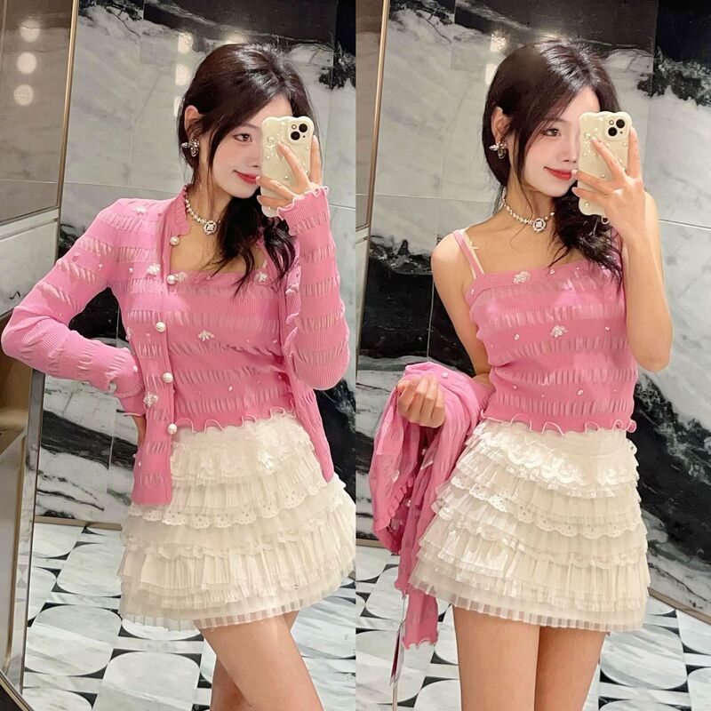 2025 Summer New Style Beaded Sweet Youthful Striped Lightweight Knit Cardigan + Slim-Fit Slimming Camisole Set