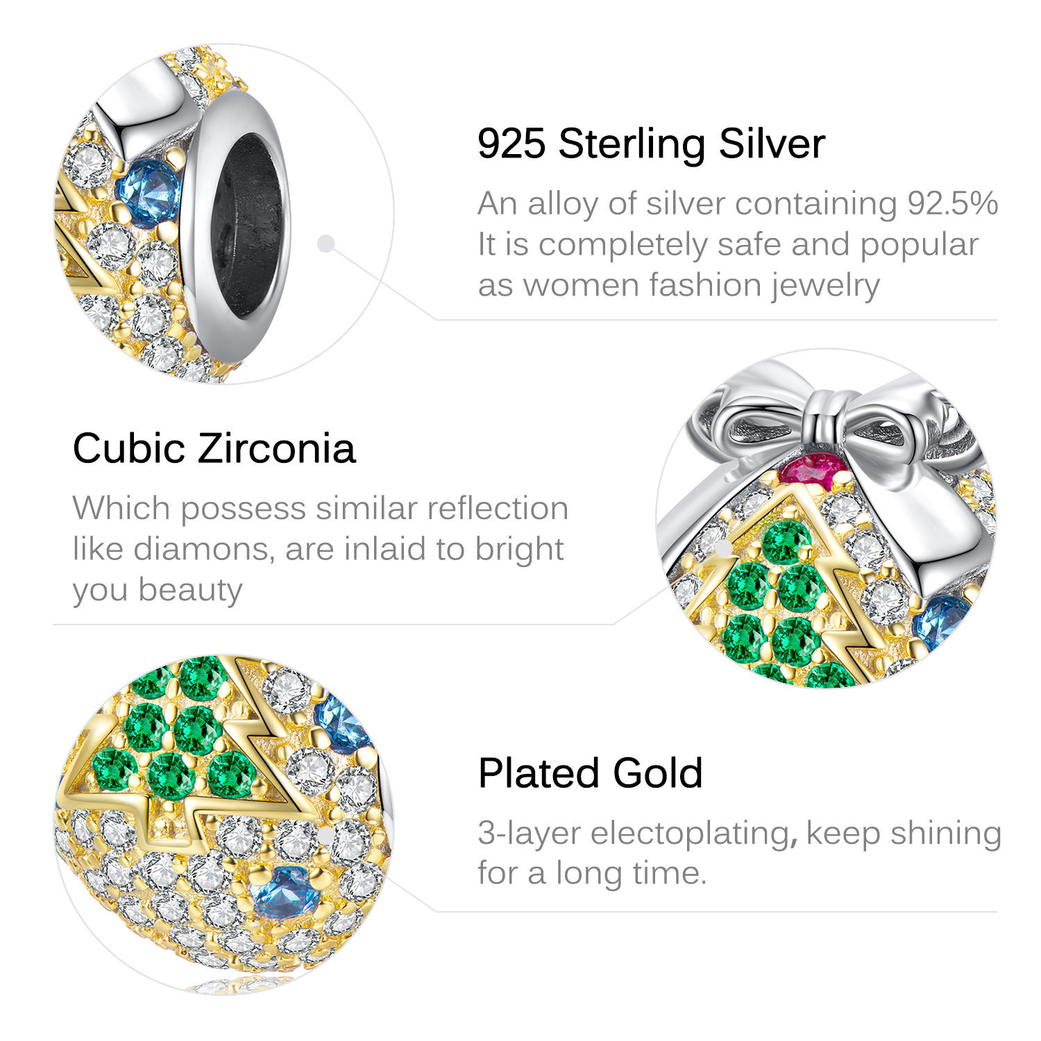 Bijoux de Noël, clochette brillante, cadeau de Noël, bracelet en argent sterling S925 pavé de zircons, accessoires de bijoux à faire soi-même, perles_voghion.com