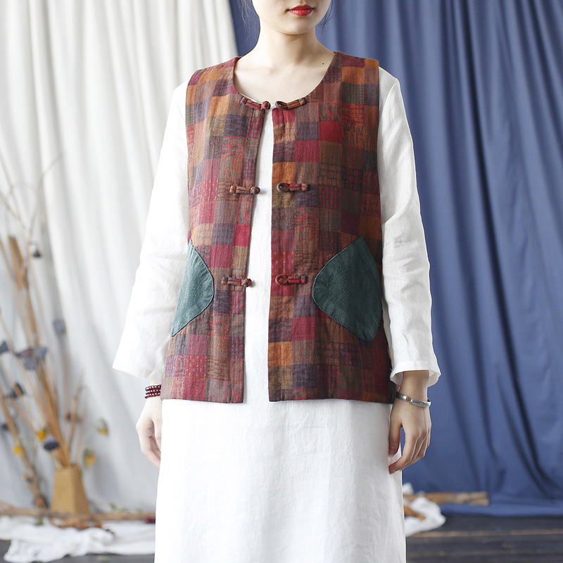 2417 Xi Mo Original Artistic Retro Round Neck Handmade Buckle Vest Autumn Women's New Patchwork Cardigan Vest