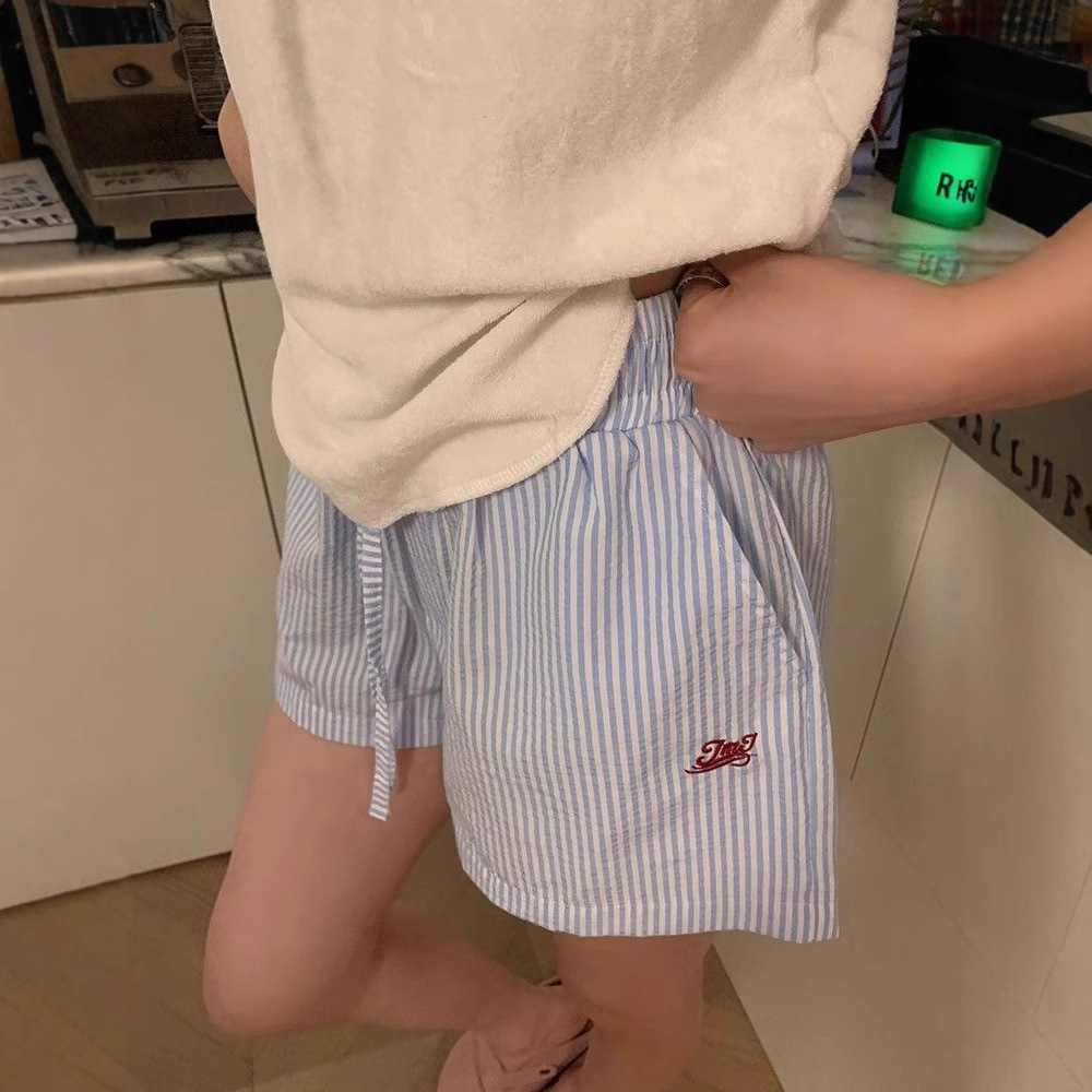 Petite Three-Point Hot Pants Striped Drawstring Letter Embroidery Wide-Leg Shorts Women Summer Loose Slimming Casual Pants Wholesale