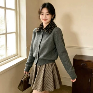 新款豹纹翻领毛衣外套女2026秋冬针织开衫宽松显瘦辣妹女装上衣厚