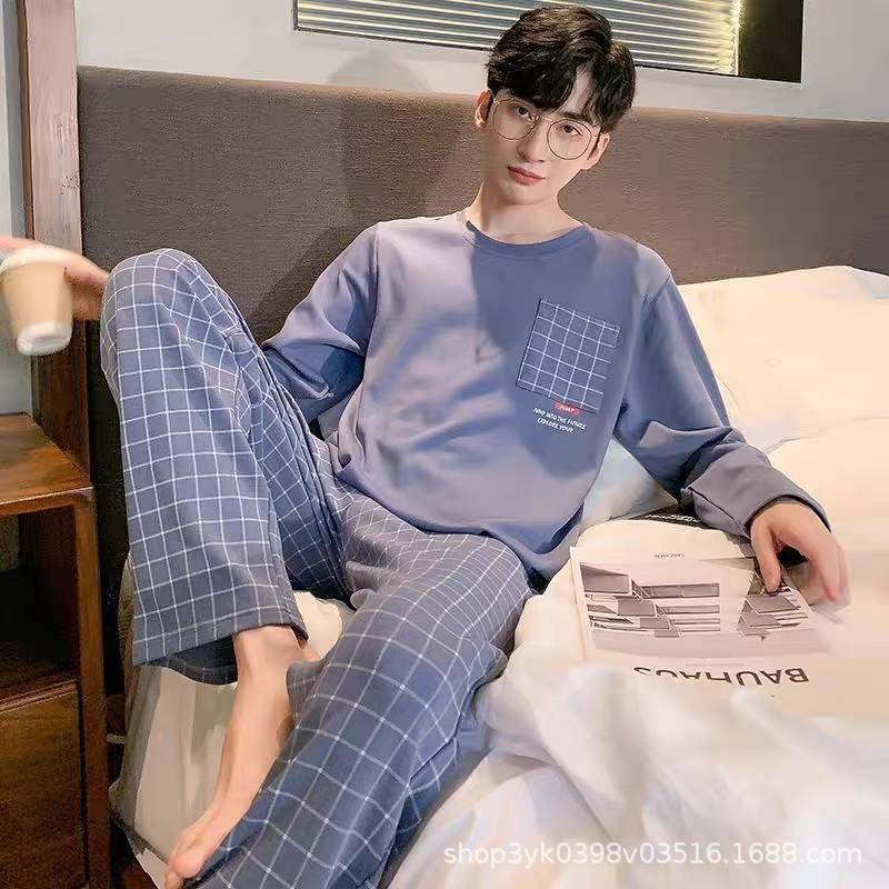Men's Pajamas Spring and Autum Thin Long-Sleeved Pants Suit Teenagers Autum Men's Home Clothes Large Size Summer