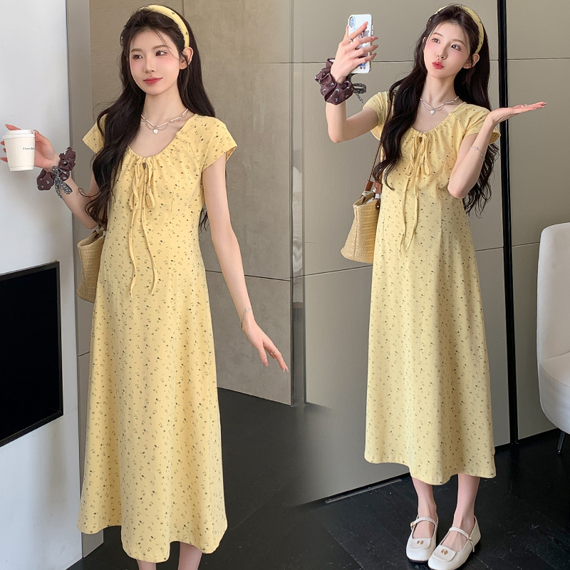 2025 Summer High-Quality Version of Knitted Cotton Printed Mid-Length Pure Lust Style Slim Fit Hot Mom Outer Wear Maternity Dress