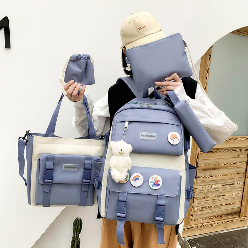 New five-piece schoolbag female Korean Primary School student high school student large capacity fresh fashion backpack New five-piece schoolbag female Korean Primary School student high school student large capacity fresh fashion backpack