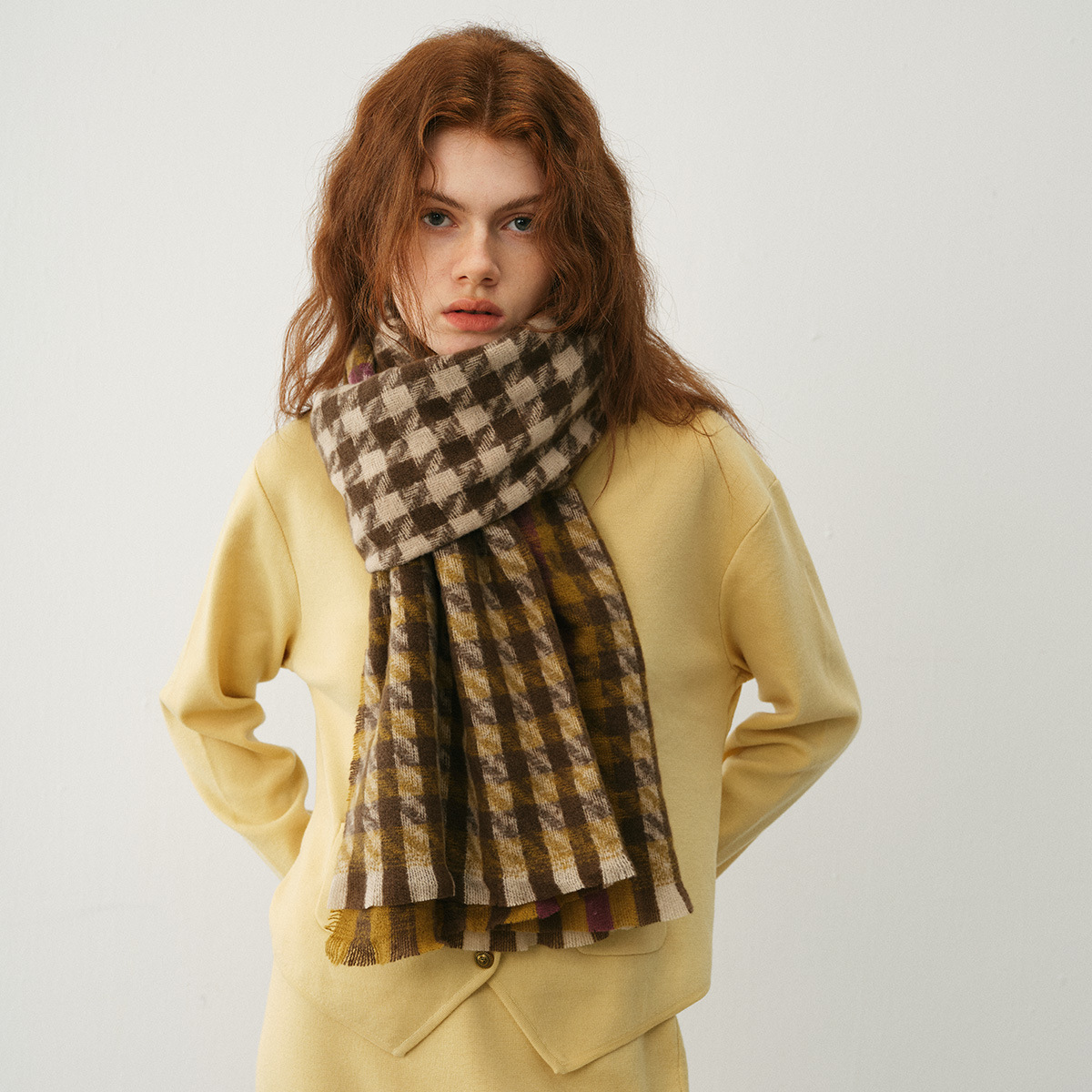 Sciarpa scozzese a quadri con barba larga e mille uccelli in cashmere imitazione a contrasto di colore, da donna, invernale, colore misto, collo morbido e grande scialle_voghion.com