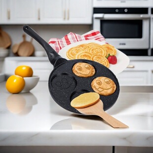 4-Hole Smiley Face Cartoon Pattern Flat Frying Pan Non-Stick Pan Multi-Hole Egg Dumpling Pan for Home Use Egg Burger Commercial Use