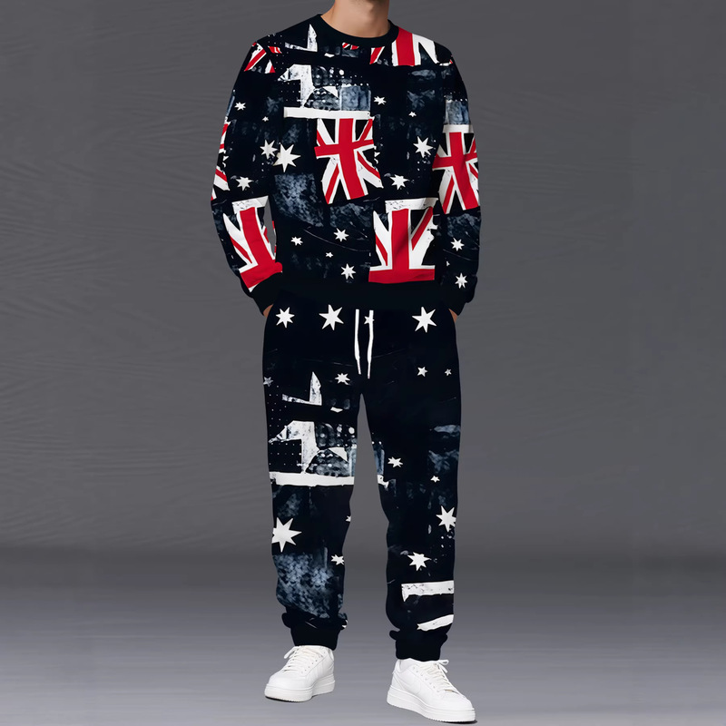 Australian Flag Patchwork Design with Red Background and White Border, Full-Print Union Jack Flag Sportswear, Crew Neck Sweatshirt and Sweatpants Two-Piece Set