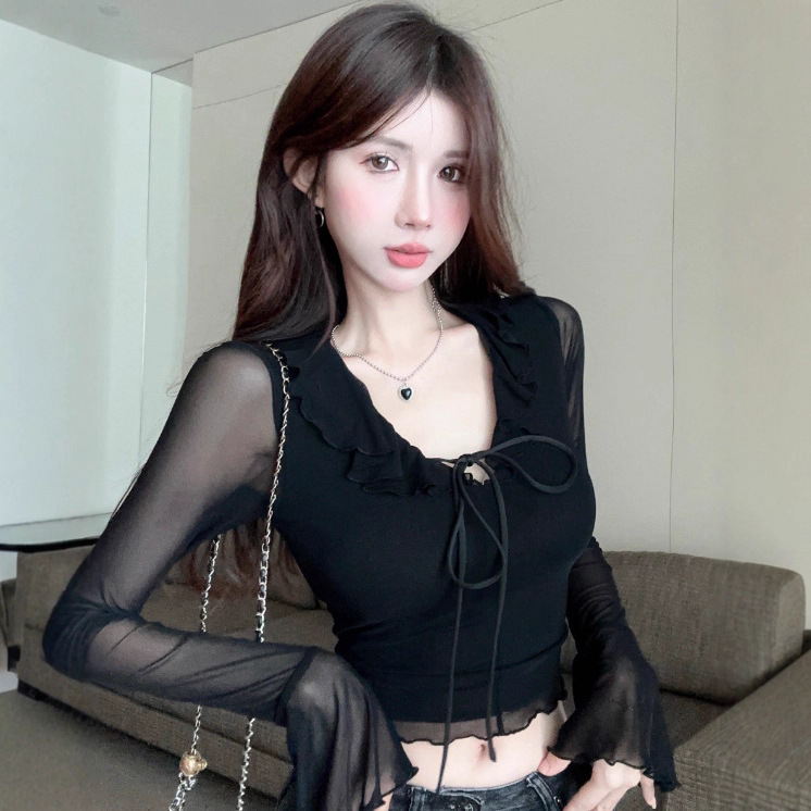 Ins Sexy Pure Desire V-Neck Ruffled Strap Short Long-Sleeved T-Shirt Women's Spring & Fall Bell-Sleeved Bottoming Shirt Top Women's t