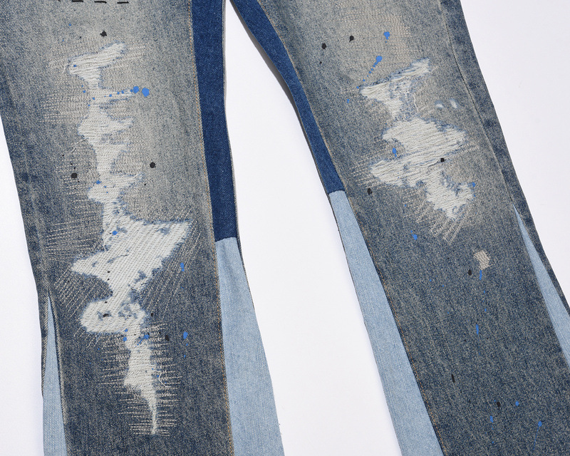 Men's Clothing washed old damaged holes cat whisker embroidery print ink splash micro flared wide leg jeans jeans_voghion.com