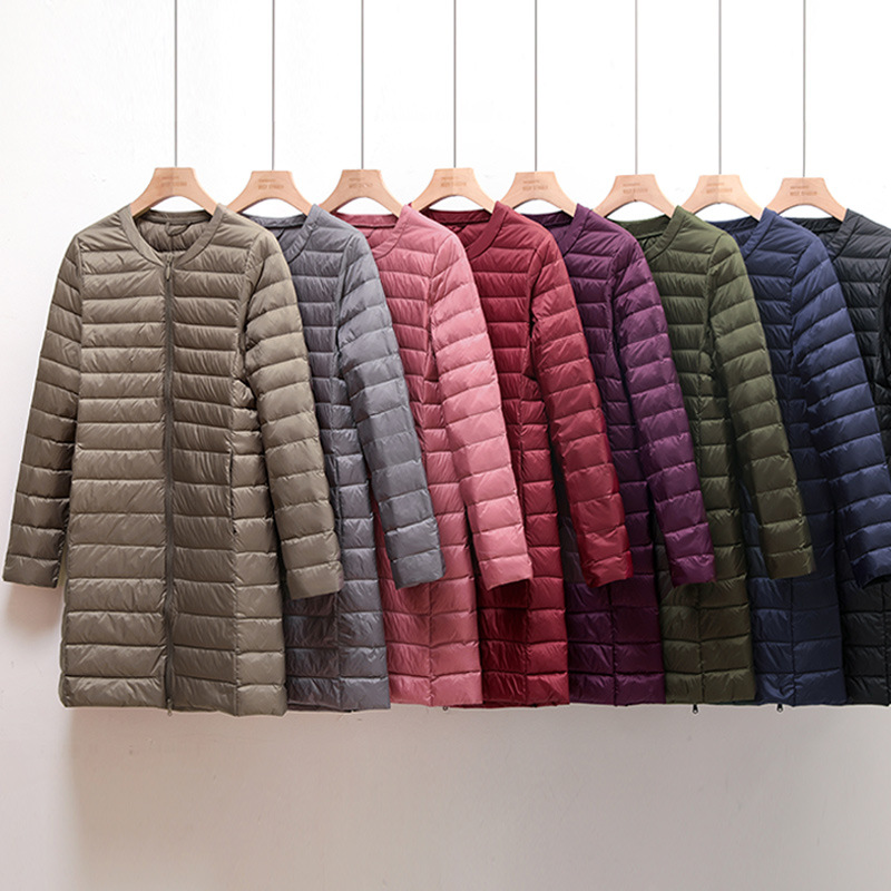 여성을위한 크로스 보더 대형 경량 다운 재킷 중간 길이 가을, 겨울 새로운 스타일 라운드 넥 긴 한국 스타일 재킷 칼라리스 라이너 트렌디