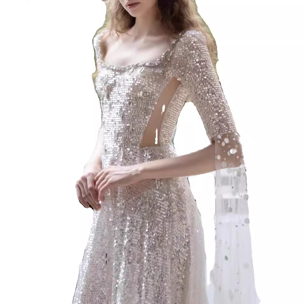Women's Silver Sequined Off-The-Shoulder Evening Gown Hepburn Style Starry Sky Party Toast Dress Model Runway Annual Event_ecoleips.com