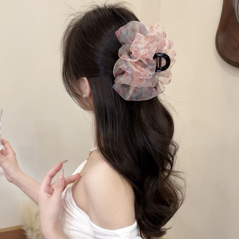 雰囲気のある花柄ヘアクリップ女性用 2025 新しいオーガンザ特別な色優しいレトロな後頭部気質ヘアクリップ|undefined