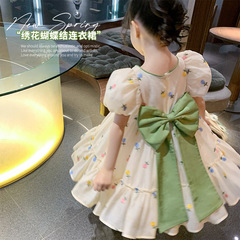 Little Girl Dress 2023 Summer New Children Fashion Embroidered Bowknot Short Sleeve Girl Floral Princess Dress
