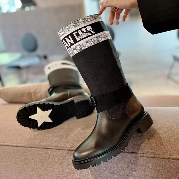 D Family Letter Flying Knitted Boots Children's 2024 Autumn and Winter New High Elastic All-match Pedicure Boots Cowhide P