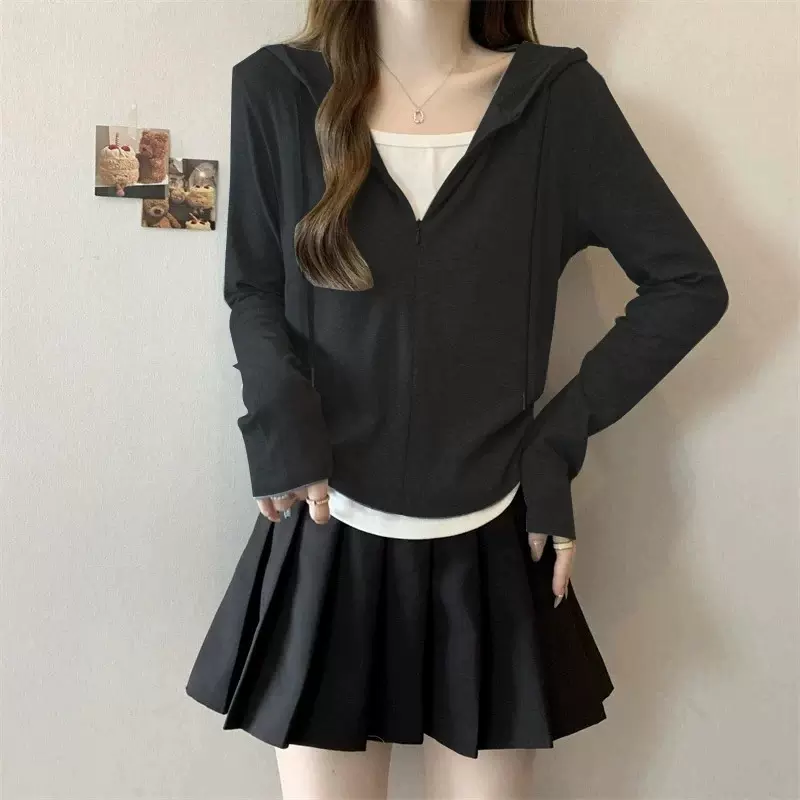 2025秋新款长袖假两件连帽卫衣百搭宽松休闲设计感撞色拼接上衣女