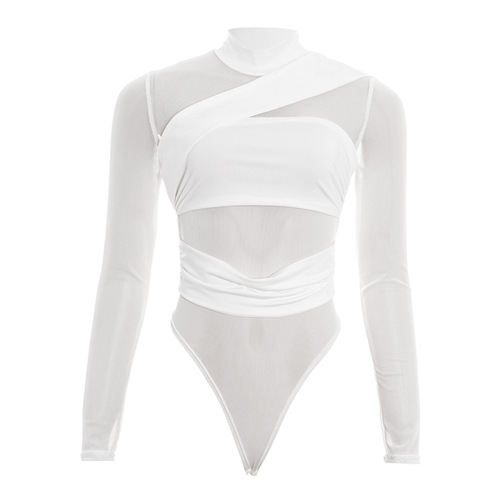 D521BS European and American cross-border hot girl sexy perspective mesh figure-fitting solid color bandage-style design jumpsuit