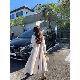 ACHI大也池白色环保水貂毛皮草外套女宽松腰带长款气质毛绒大衣