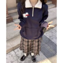 毛毛翻领贴布刺绣卫衣女秋2026新款宽松半开领加绒上衣