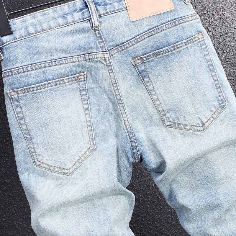 Men's Slim Fit Vintage Washed Blue Jeans Distressed Skinny Denim Pants Faded And Ripped Details Streetwear Style_voghion.com