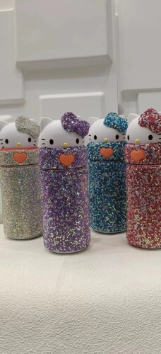 Stylish Diamond-embellished Cartoon KT Vacuum Insulated Cup for Children, Portable Water Bottle, Stainless Steel, Diamond-embellished Gift