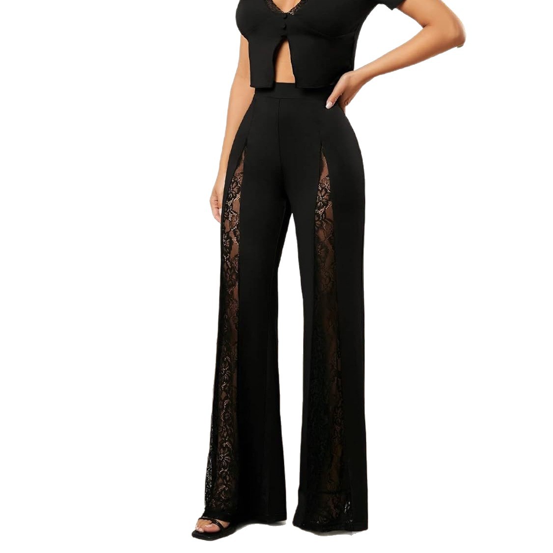 2026 European And American Cross-border Foreign Trade Black Sexy Lace Spliced Sheer Hollow-out Loose Slimming_ecoleips.com