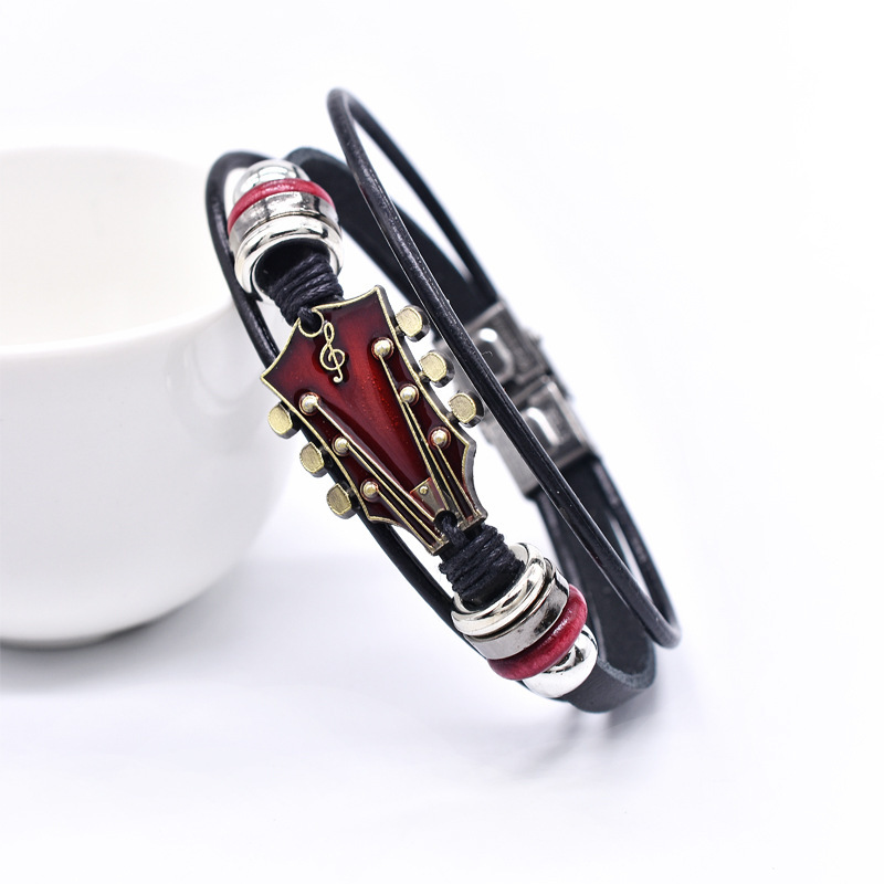 European and American Zinc Alloy Guitar Oil Dripping Stainless Steel Buckle Bracelet Couple Musical Instrument Note Handmade Leather Bracelet Wholesale