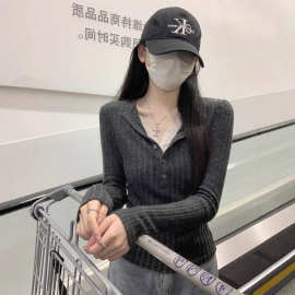 假两件蕾丝拼接V领长袖针织衫女春秋款纯欲掐腰修身打底通勤上衣