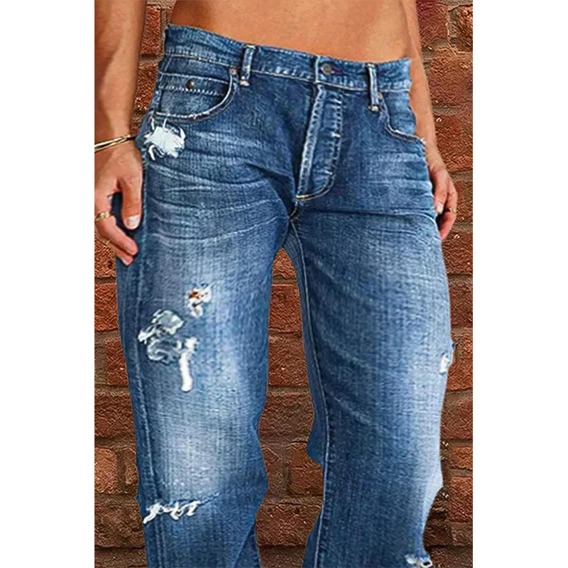 Cross-Border Foreign Trade Women's Denim European And American Trend Mid-Waist Ripped Casual Straight Pants Factory_ecoleips.com