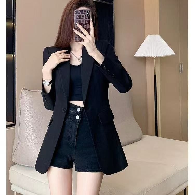 高级感黑色西装外套女设计感上衣2025春秋新款气质收腰中长款上衣|undefined