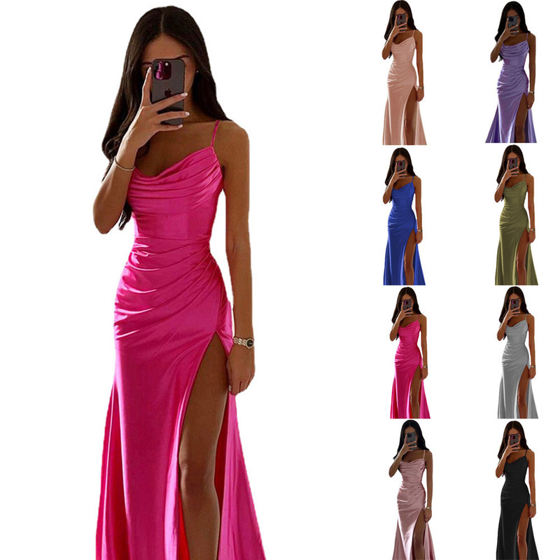 2026 Spring New Style Strapless Ruched Slit Satin Gown Dress European and American Sexy Slim Fit Bodycon Dress