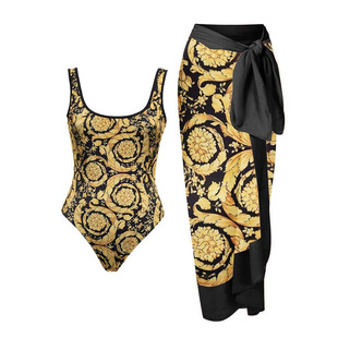 Black Gold Baroque Style One-Piece Swimsuit with Wrap Skirt Luxury Printed Backless Sexy Swimsuit for Women European and American Cross-Border