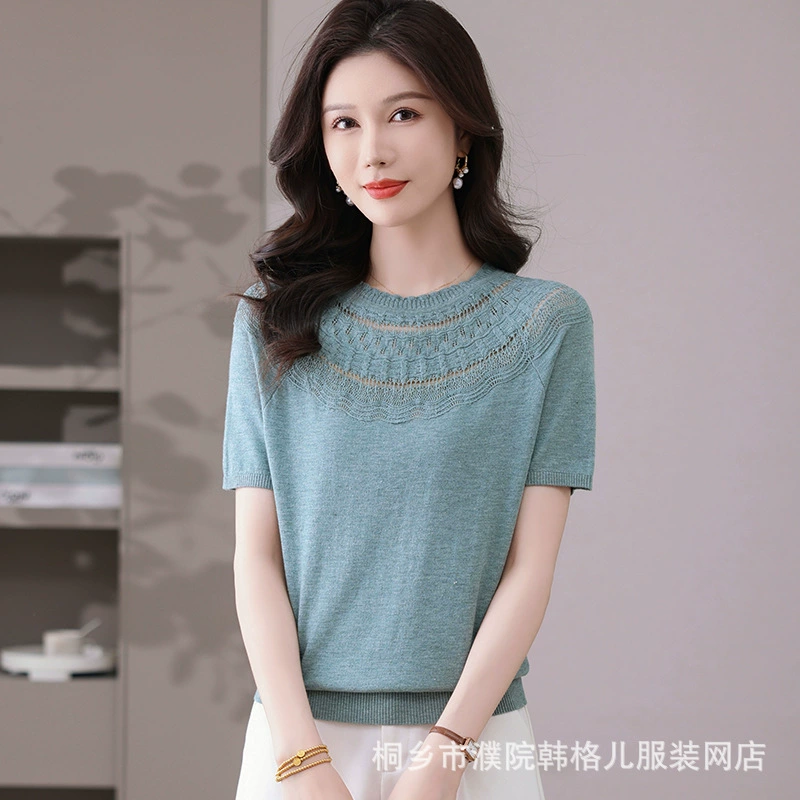 Модный вязаный крючком топ с круглым вырезом для мамы, летняя повседневная утягивающая базовая рубашка с короткими рукавами, уменьшающая возраст
