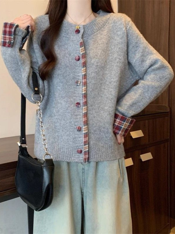 韩系简约慵懒风圆领针织毛衣女2025秋冬新款宽松显瘦长袖开衫上衣|undefined