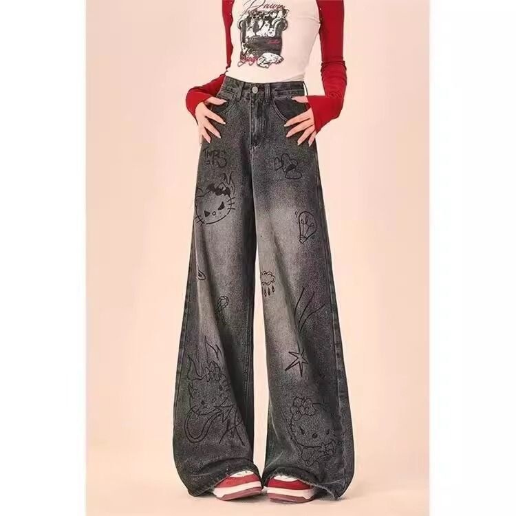 American retro cartoon graffiti wide-leg jeans for women, washed high-waisted slimming straight pants, loose floor-length trendy trousers American retro cartoon graffiti wide-leg jeans for women, washed high-waisted slimming straight pants, loose floor-length trendy trousers