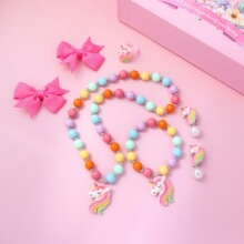 儿童彩色珍珠吊坠项链马卡龙色独角兽卡通彩虹人鱼公主项圈串珠