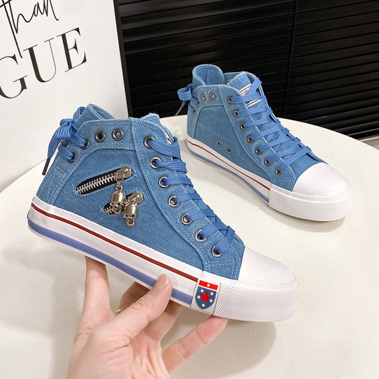Denim High-Top Canvas Shoes for Women Korean Style Casual Shoes 2024 Spring and Autum New Retro Large Size Sneakers Zipper